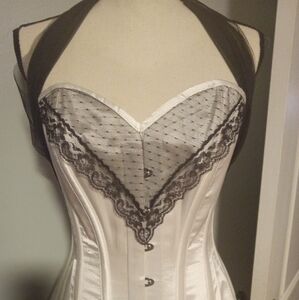 Corset Story White Halter Top Style Corset with Black Lace Accents